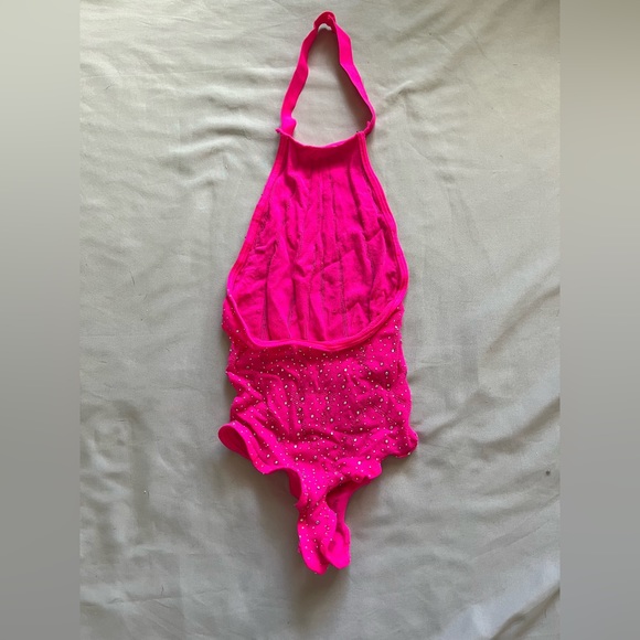 PINK Rhinestone Mesh/Fishnet Rave Bodysuit - Picture 2 of 4